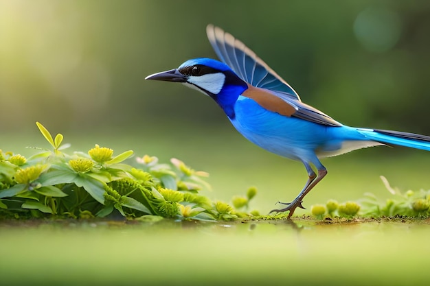 Un hermoso pájaro jay muy detallado con una cabeza azul y alas azules está en una planta verde