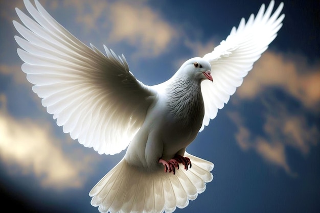 Hermoso pájaro plumoso volando al cielo paloma de la paz