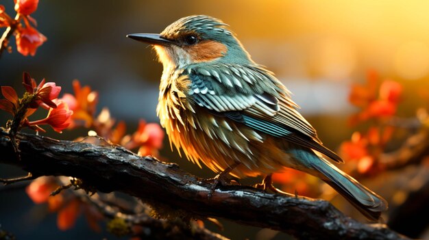 Un hermoso pájaro se posa en una rama extendiendo sus alas