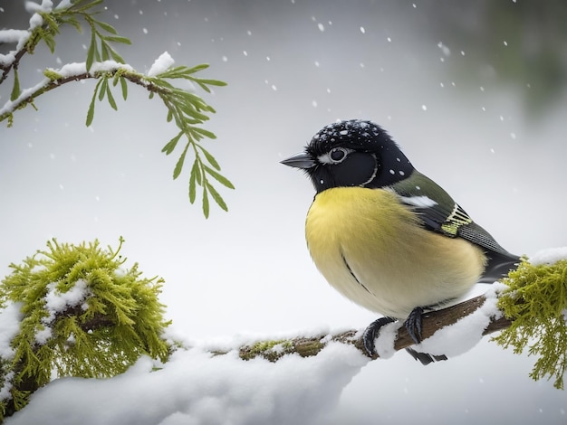 hermoso pájaro sentado a finales de otoño en el parque en una rama de un abedul en la nieve