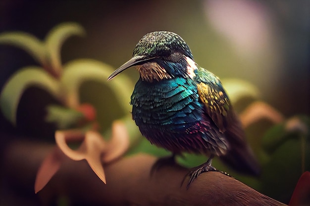 Hermoso pájaro sentado en una rama con flores en el jardín generativo ai