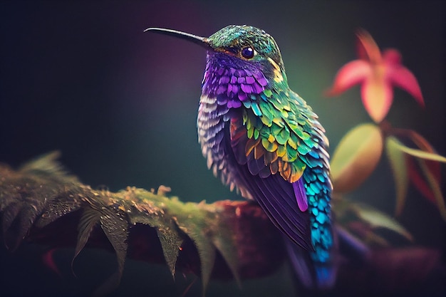 Hermoso pájaro sentado en una rama con flores en el jardín generativo ai