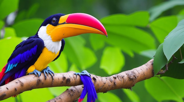 Hermoso pájaro tucán colorido en una rama en una selva tropical