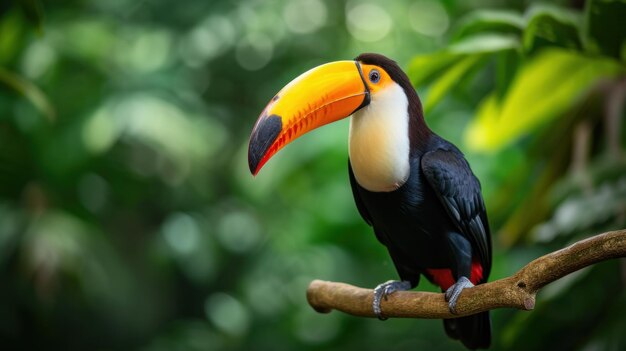 El hermoso pájaro tucano está sentado en una rama en el bosque. Imagen generada por IA.