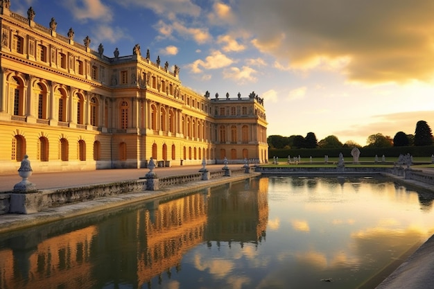 un hermoso palacio con un lago y una puesta de sol