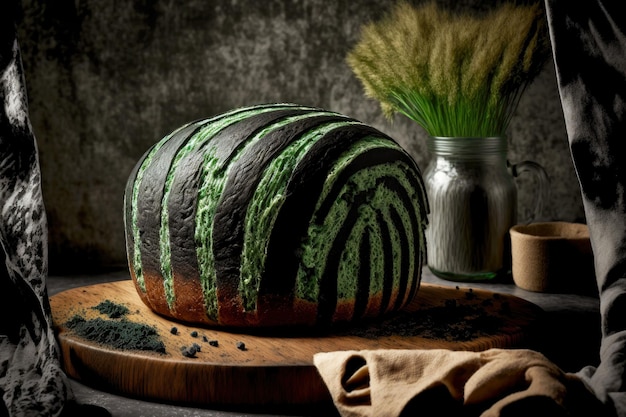 Hermoso pan casero a rayas con harina y granos de color verde oscuro