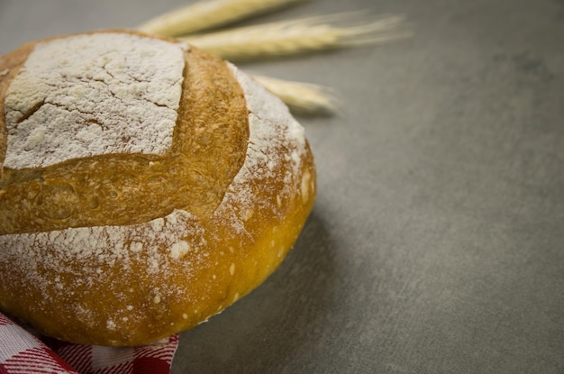 Hermoso pan de masa fermentada sobre fondo gris con flor de trigo seco