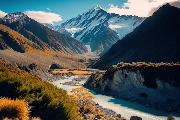 Hermoso panorama con altas montañas rocosas en la isla sur de Nueva Zelanda