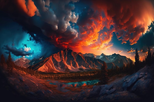 Hermoso panorama de una cordillera canadiense cubierta de nubes durante un ardiente atardecer de verano