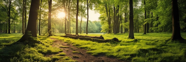 Hermoso panorama forestal con grandes árboles y sol brillante