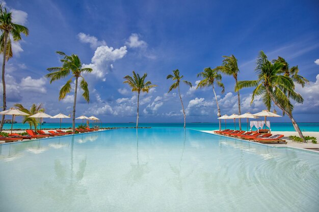 Hermoso panorama de piscina de playa vertical. Palmeras, sillas de playa junto al mar, camas con piscina infinita.