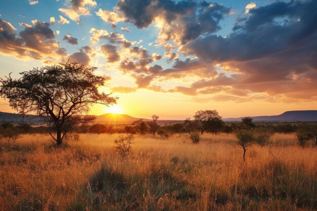 Foto el hermoso panorama de la puesta de sol en la reserva madikwe, sudáfrica