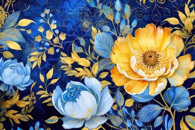 Hermoso papel tapiz floral azul y amarillo al estilo de las acuarelas luminosas AI generativa