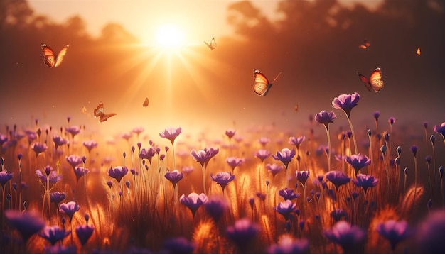 hermoso papel tapiz realista con flores púrpuras campo y mariposas