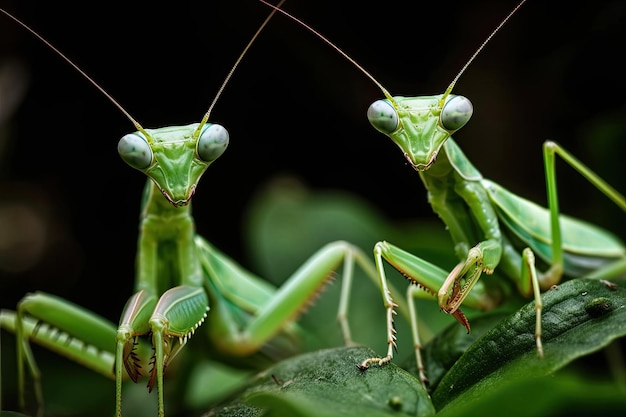Un hermoso par de mantis europeas se ven de cerca Mantis religiosa