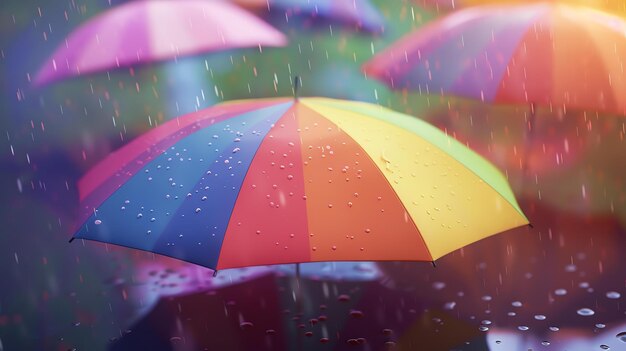 Foto un hermoso paraguas arco iris se destaca en un mar de paraguas negras la lluvia está cayendo fuertemente pero el paraguas está manteniendo a la persona seca