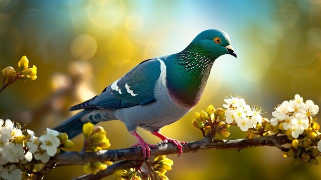 Un hermoso paraíso de palomas con un cielo azul brillante y sol.