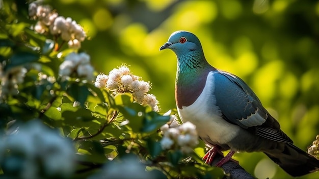 Un hermoso paraíso de palomas con un cielo azul brillante y sol.