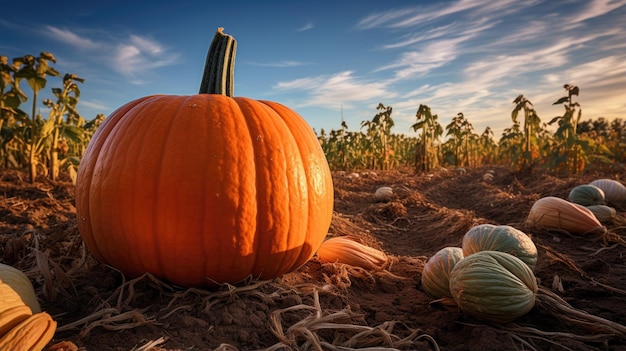 Hermoso parche de campo de calabazas y calabaza gigante en primer plano Campo de calabazas listas para cosechar Concepto de Acción de Gracias y Halloween