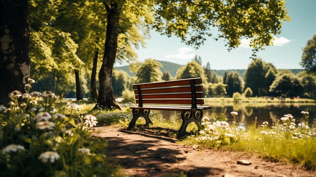 Hermoso parque con banco en verano