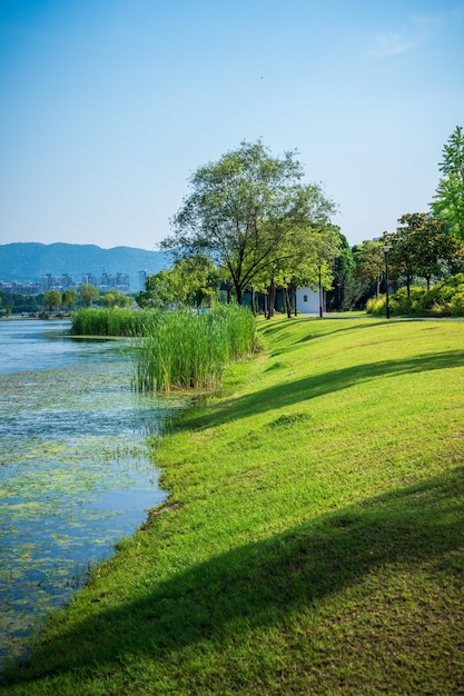 Hermoso parque de la ciudad con lago, árboles y montañas.