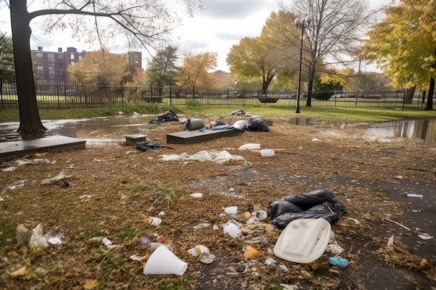 Hermoso parque de la ciudad lleno de basura y escombros