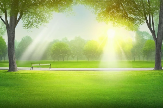 Hermoso parque público con campo de hierba verde a la luz de la mañana Creado con tecnología de IA generativa