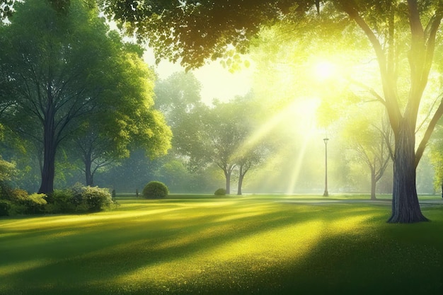 Hermoso parque público con campo de hierba verde a la luz de la mañana Creado con tecnología de IA generativa