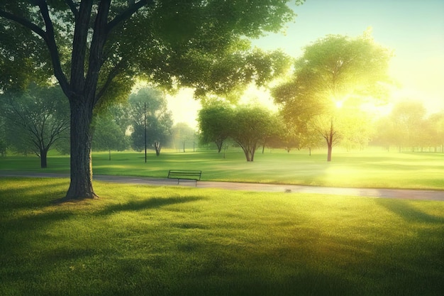 Hermoso parque público con campo de hierba verde a la luz de la mañana Creado con tecnología de IA generativa