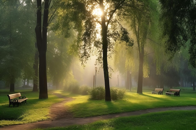 Hermoso parque público con campo de hierba verde a la luz de la mañana Creado con tecnología de IA generativa