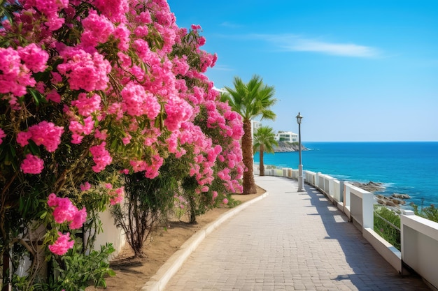 Hermoso paseo turístico con flores de colores en flor