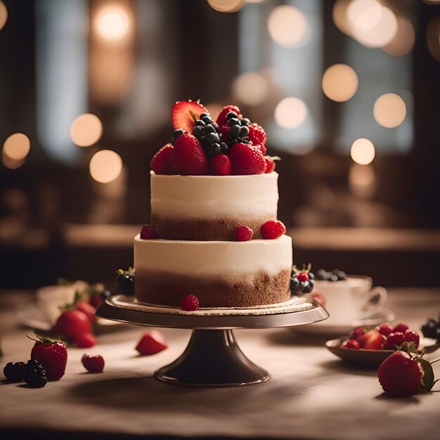 hermoso pastel de boda con bayas frescas en una mesa de madera en un restaurante