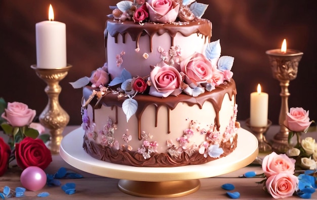 Hermoso pastel de boda con chocolate y crema dulce con velas rosas glaseado Fondo