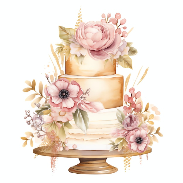 hermoso pastel de boda en una ilustración de clipart de estilo boho
