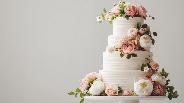 hermoso pastel de bodas adornado con flores y frutas de colores concepto de decoración de bodas