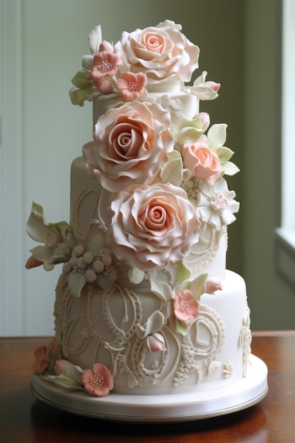 Hermoso pastel de bodas de diseñador con decoraciones florales IA generativa