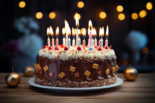 De un hermoso pastel de cumpleaños de chocolate y crema decorado con velas encendidas