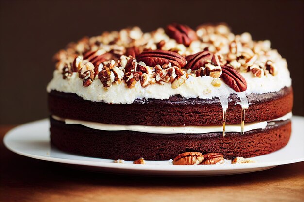 Hermoso pastel de cumpleaños con crema y nueces de pastel de nuez en un plato