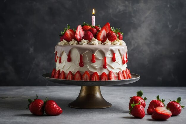 Foto hermoso pastel de cumpleaños cubierto de fresa y fresas