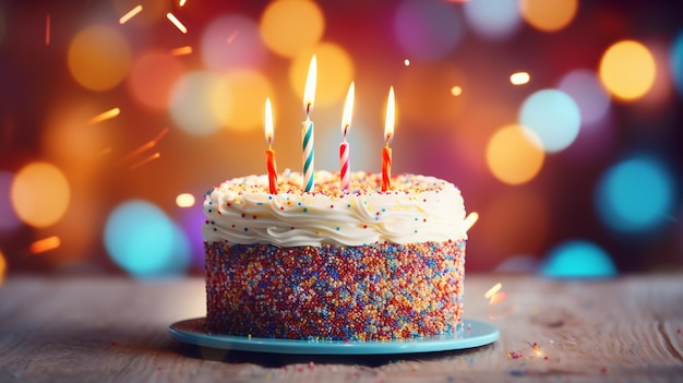 Hermoso pastel de feliz cumpleaños con velas encendidas sobre fondo de luz púrpura borrosa ai generativo