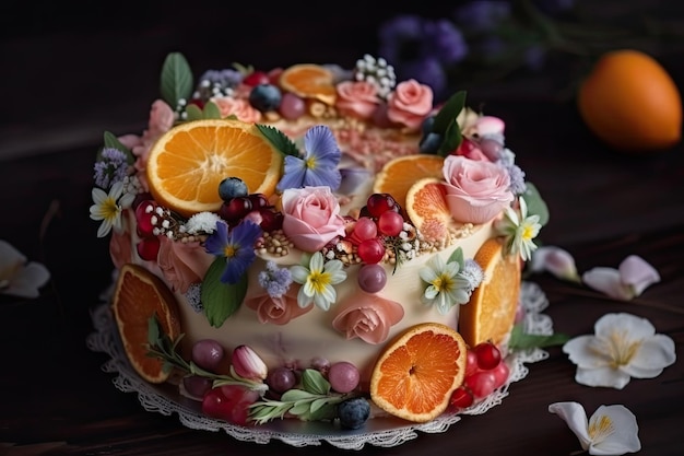 Hermoso pastel de frutas decorado con delicadas flores y cintas creado con ai generativo