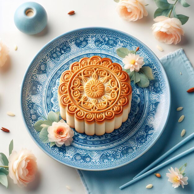 hermoso pastel de luna cortado en una placa de patrón azul sobre un fondo blanco con una flor