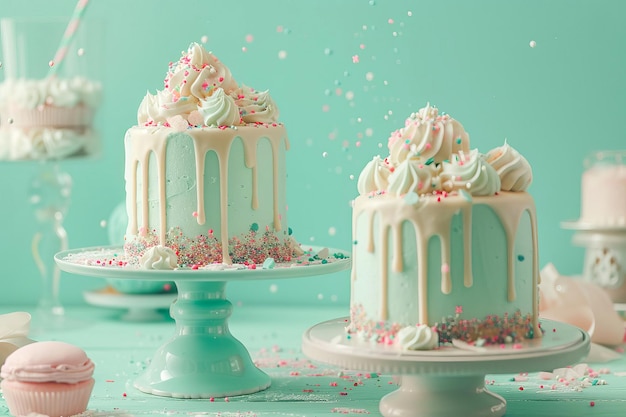 hermoso pastel con salpicaduras de pastel en colores azul y rosa generado por la IA.