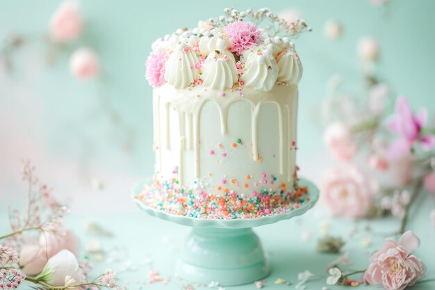 hermoso pastel con salpicaduras de pastel en colores azul y rosa generado por la IA.