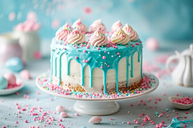 Un hermoso pastel con salpicaduras de pastel en colores azul y rosa ha sido generado.