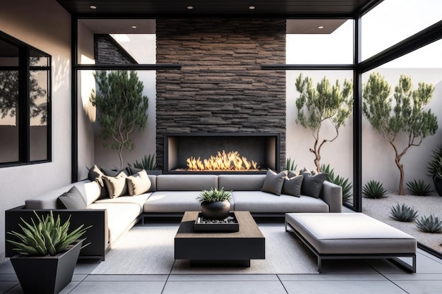Hermoso patio moderno con un cómodo sofá y una gran chimenea creada con aire generativo