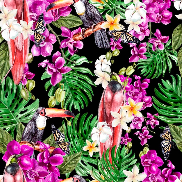 Hermoso patrón de acuarela con flores de orquídeas, hojas tropicales y aves. Ilustración.