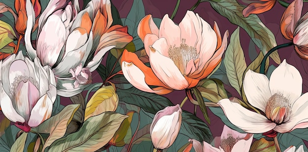 Hermoso patrón botánico floral con flores de magnolia Concepto de primavera IA generativa