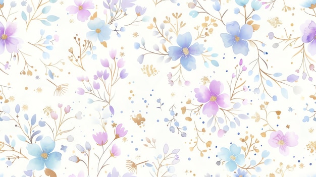 Foto un hermoso patrón floral con flores y hojas delicadas en tonos de azul púrpura y rosa