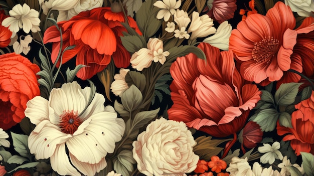 Un hermoso patrón floral con flores rojas, blancas y rosadas Las flores están pintadas en un estilo realista y dispuestas en un patrón sin costuras